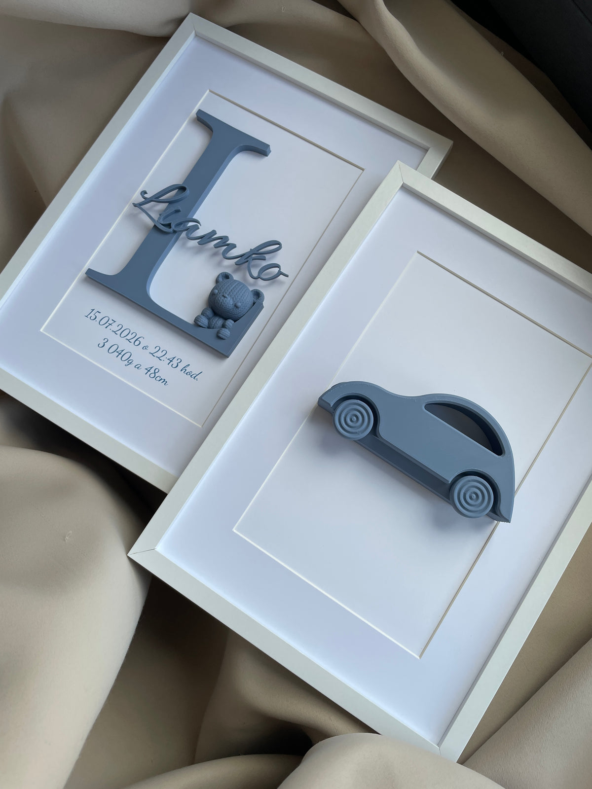 SET 2 personalizovaných 3D obrazov k narodeniu bábätka | Krstný obraz s menom + obraz s motívom | 21×30 cm